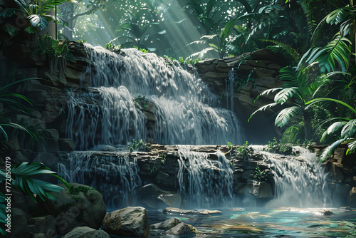 Illustration of tranquil waterfall in tropical rainforest