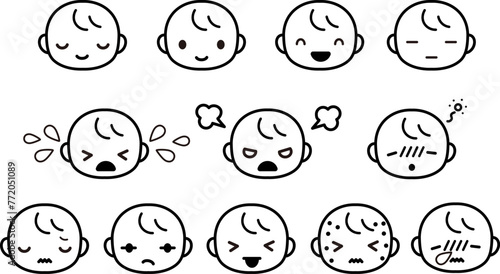 いろいろな表情の赤ちゃんの顔のシンプルなイラストセット
