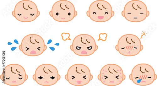 いろいろな表情の赤ちゃんの顔のシンプルなイラストセット　カラー