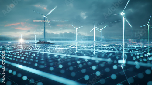 Advanced AI monitoring renewable energy grids, visualized in a sleek, high-tech style, copy space for text right or left or center choose one position
