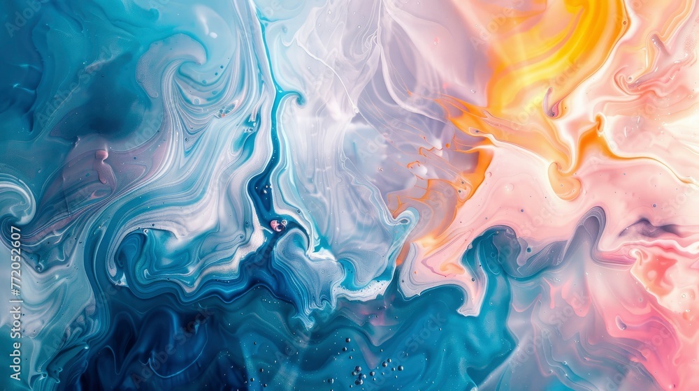 Beautiful abstraction of liquid paints in slow blending flow mixing together gently - generative ai