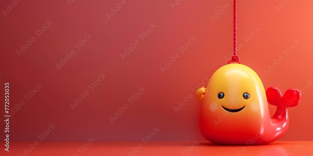 3D rendered image showcasing a hanging character with a big cheerful smile The character is displayed 3D rendered image showcasing a hanging character with a big cheerful smile The character is displayed