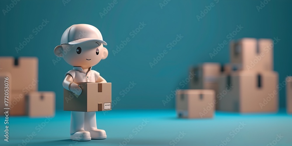 3D rendered character wearing a hardhat holding a cardboard box standing amidst 3D rendered character wearing a hardhat holding a cardboard box standing amidst