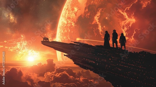 Heroes of a space opera silhouetted against the backdrop of a galactic conflict