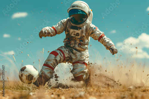 Comic style image of Astronaut playing football or Soccer on the space