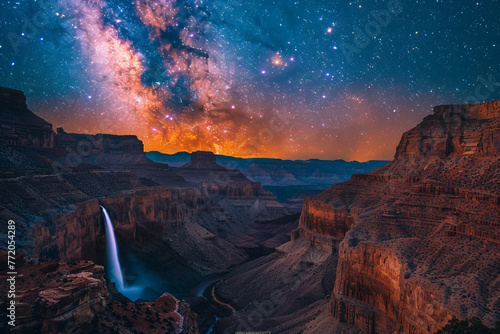 Starry sky and milky way night view under canyon waterfall