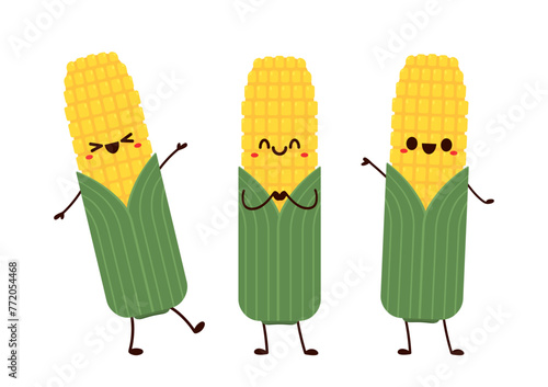 Corn cartoon vector. Cute vegetable vector character isolated on white. Corn mascot.