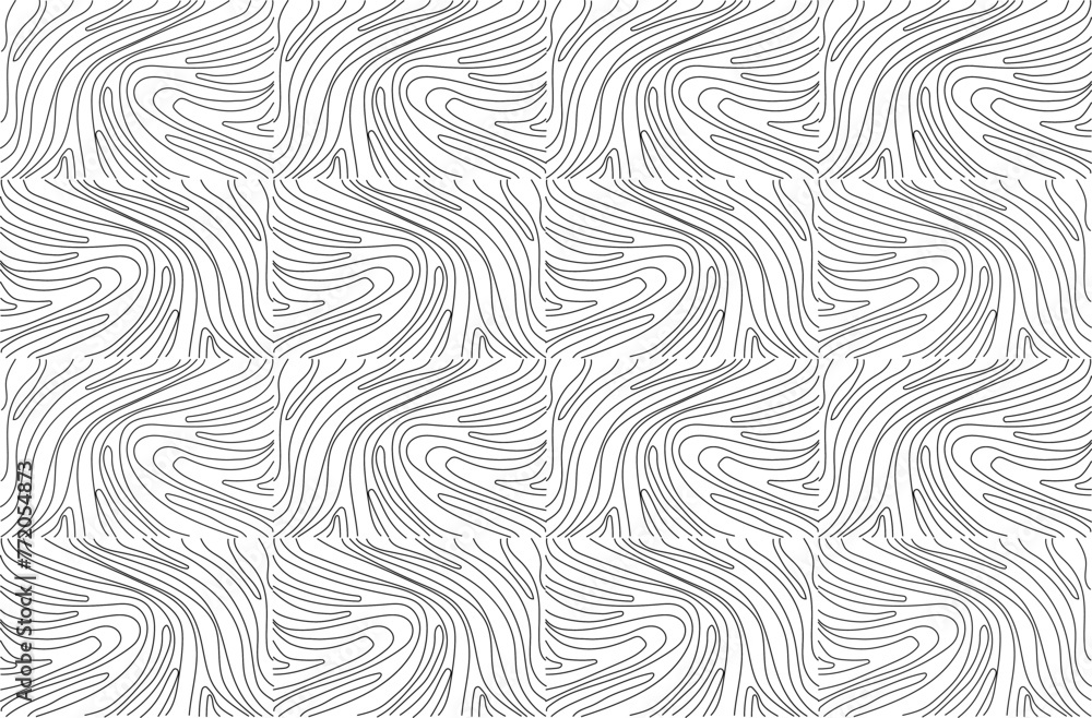 Seamless abstract pattern. Fantasy ornament of curved lines. Black ornament on white background Flyer background design, advertising background, fabric, clothing.