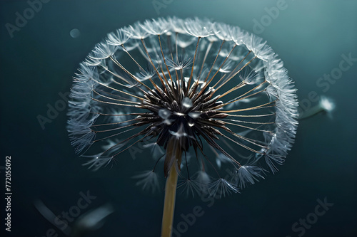 A monochromatic close-up of a dandelion seed  highlighting its intricate texture and form in exquisite detail 