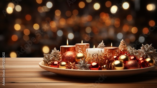 Wooden table with Christmas theme in background.