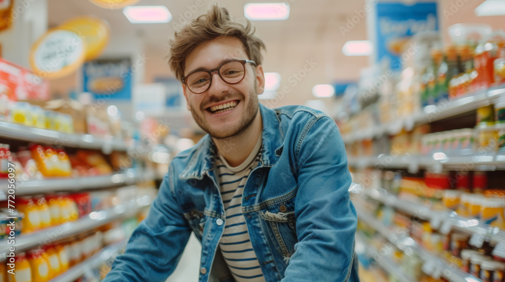 A smiling person with glasses is in a grocery store aisle.