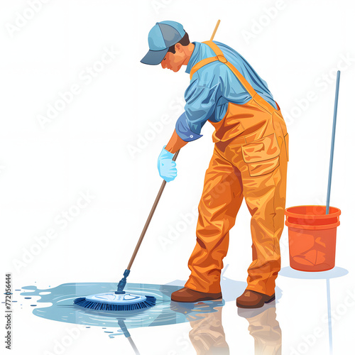 Janitor mopping floors in a public building isolated on white background, realistic, png
