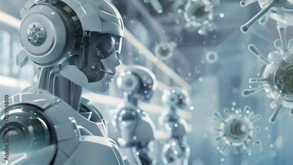 Robot in a lab setting amidst viral particles, suggesting AI in medical research Robot in a lab setting amidst viral particles, suggesting AI in medical research