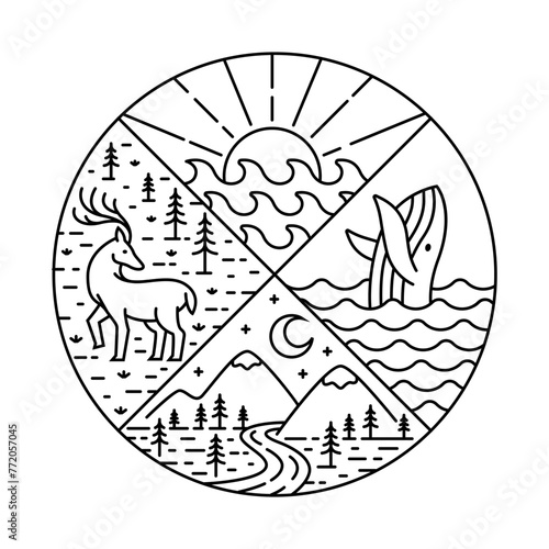 Natural landscape in circle frame illustration