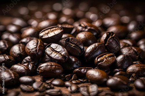 A close-up of roasted coffee beans, emphasizing warm brown tones and intricate details