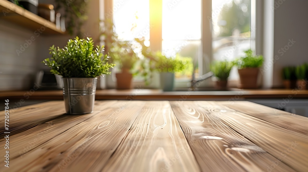Wooden table on blurred kitchen bench background. Empty wooden table and blurred kitchen background Wooden table on blurred kitchen bench background. Empty wooden table and blurred kitchen background