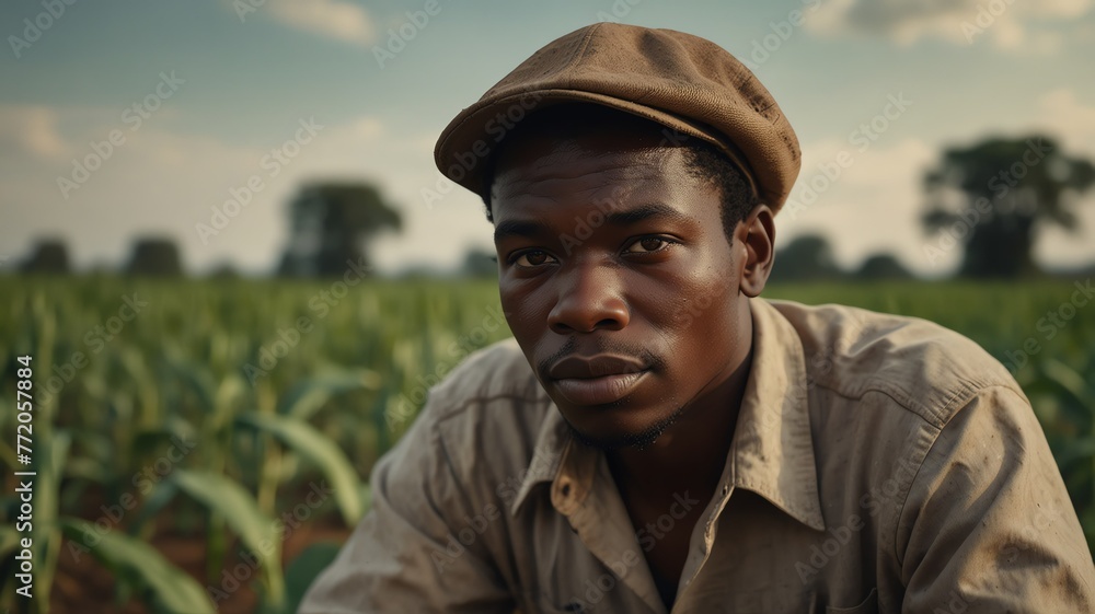 Portrait of young black african corn farmer on crops farm land field landscape background, work natural agriculture business concept from Generative AI