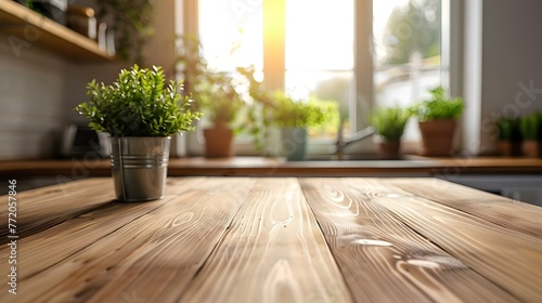 Wooden table on blurred kitchen bench background. Empty wooden table and blurred kitchen background