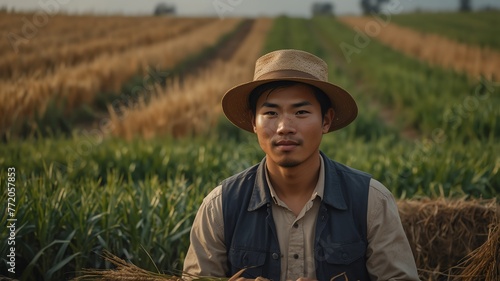 Portrait of young asian wheat farmer on crops farm land field landscape background, work natural agriculture business concept from Generative AI © Arceli