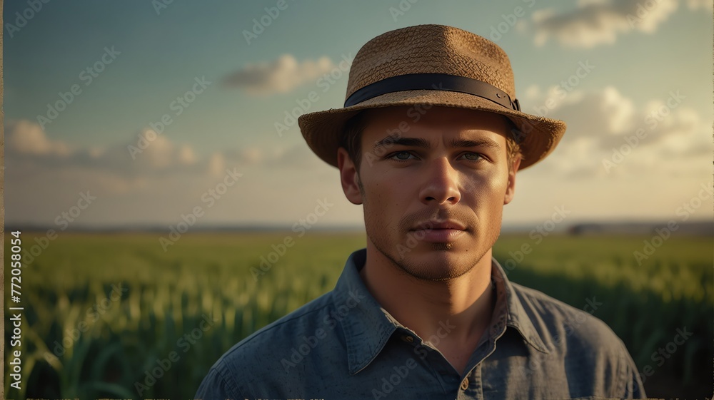 Portrait of young caucasian wheat farmer on crops farm land field landscape background, work natural agriculture business concept from Generative AI