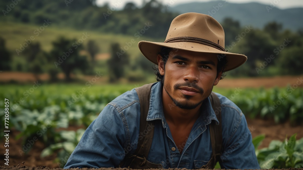 Portrait of young colombia coffee bean farmer on crops farm land field landscape background, work natural agriculture business concept from Generative AI