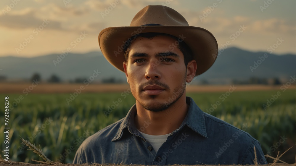 Portrait of young hispanic wheat farmer on crops farm land field landscape background, work natural agriculture business concept from Generative AI Portrait of young hispanic wheat farmer on crops farm land field landscape background, work natural agriculture business concept from Generative AI