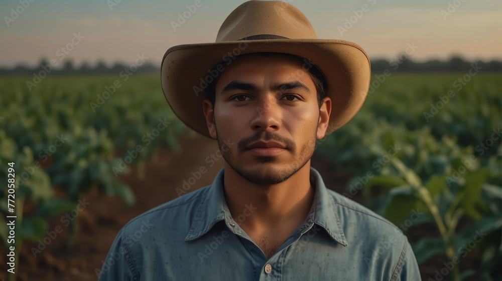 Portrait of young hispanic soybean wheat farmer on crops farm land field landscape background, work natural agriculture business concept from Generative AI