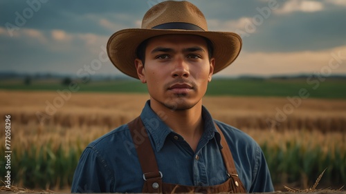Portrait of young immigrant wheat farmer on crops farm land field landscape background, work natural agriculture business concept from Generative AI