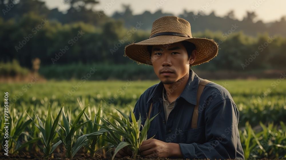 Portrait of young japanese corn farmer on crops farm land field landscape background, work natural agriculture business concept from Generative AI