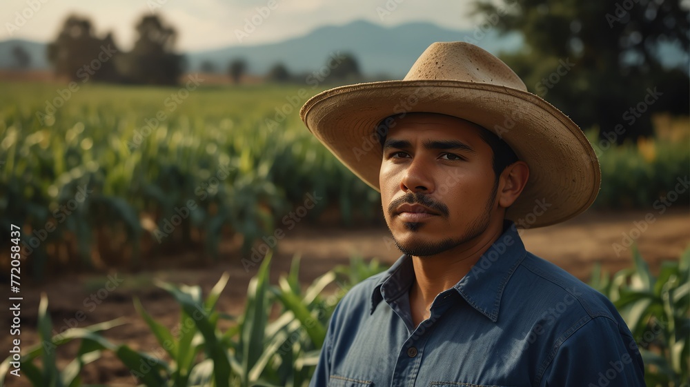 Portrait of young mexican corn farmer on crops farm land field landscape background, work natural agriculture business concept from Generative AI