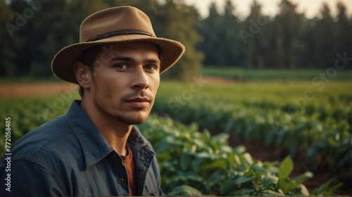 Portrait of young russian coffee bean farmer on crops farm land field landscape background, work natural agriculture business concept from Generative AI