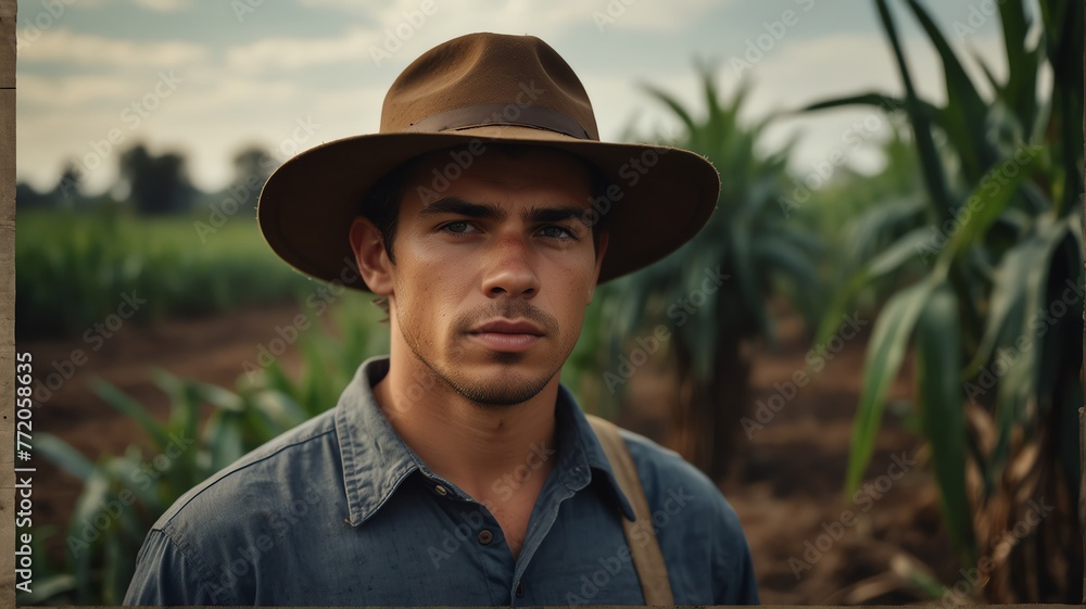 Portrait of young sugar cane caucasian farmer on crops farm land field landscape background, work natural agriculture business concept from Generative AI