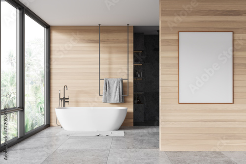 Hotel bathroom interior with bathtub  shower and panoramic window. Mockup frame