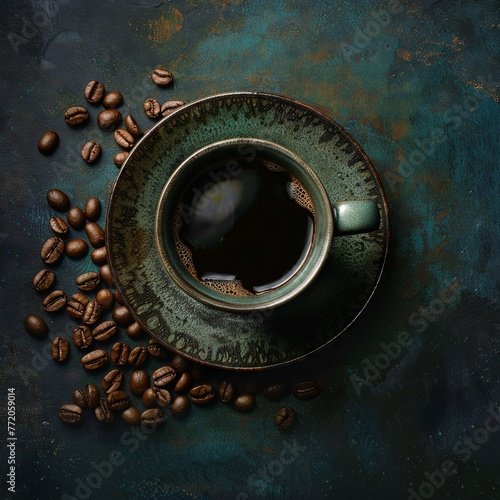 black coffee with dark brown beans on the side, top view against a dark background, with a dark blue and green color scheme