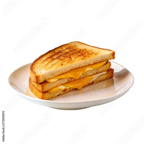 Grilled cheese sandwich on white plate isolated on transparent background.