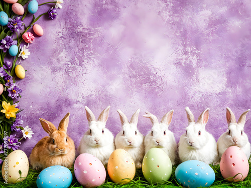 Easter eggs and bunny on green grass with flowers on purple background