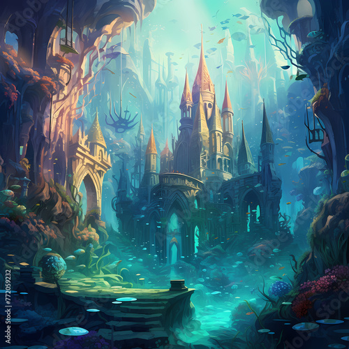 Enchanted underwater city with mermaids and sea creatures