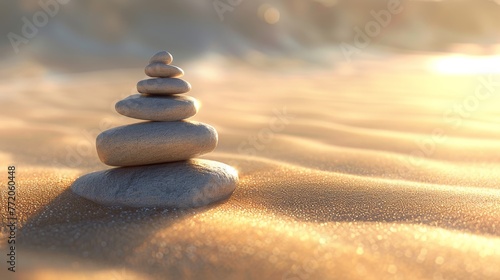 Sunset Zen  Finding Inner Peace with Stone Stacks on a Tranquil Beach  Perfect for Sunset Meditation and Mindful Moments.