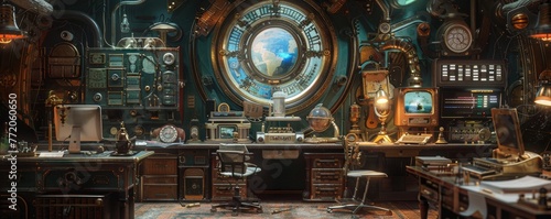 Steampunk detectives office brass computers