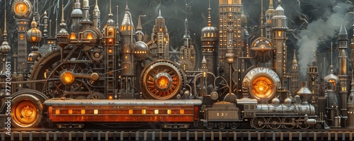 Steampunk clockwork city gears and cogs skyline