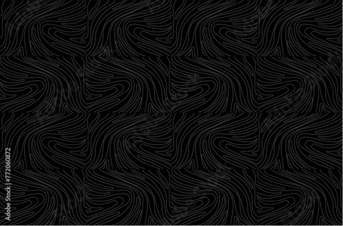 Seamless abstract pattern. Fantasy ornament of curved lines. Gray ornament on black background Flyer background design, advertising background, fabric, clothing.