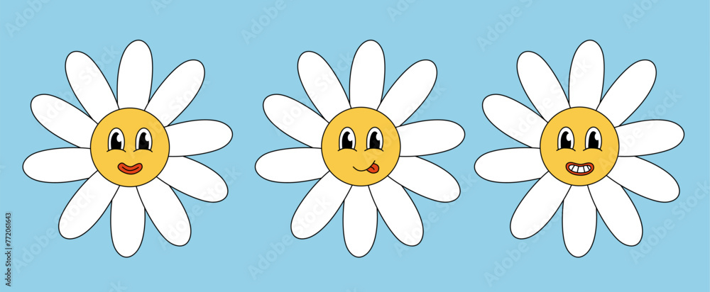 Retro 70s 60s 80s Hippie Groovy cute Daisy Flowers Set. Smiling face. Collection Chamomile Flower power elements. Vector illustration isolated on blue background. Retro 70s 60s 80s Hippie Groovy cute Daisy Flowers Set. Smiling face. Collection Chamomile Flower power elements. Vector illustration isolated on blue background.