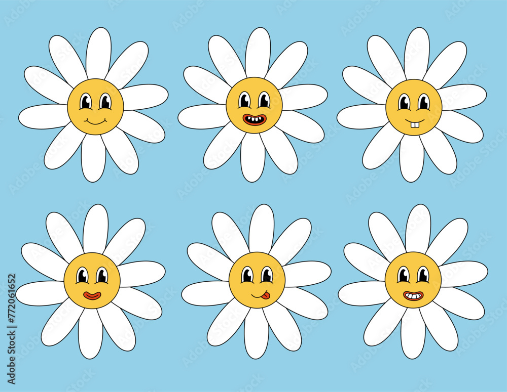 Retro 70s 60s 80s Hippie Groovy cute Daisy Flowers Set. Smiling face. Collection Chamomile Flower power elements. Vector illustration isolated on blue background. Retro 70s 60s 80s Hippie Groovy cute Daisy Flowers Set. Smiling face. Collection Chamomile Flower power elements. Vector illustration isolated on blue background.