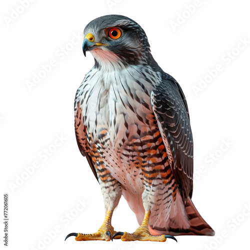 An Accipitridae bird with orange eyes stands on transparent background