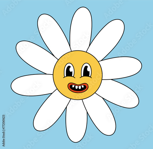 Retro 70s 60s 80s Hippie Groovy cute Daisy Flower. Tooth Smile face. Chamomile Flower power element. Vector illustration isolated on blue background. © Darinov Art
