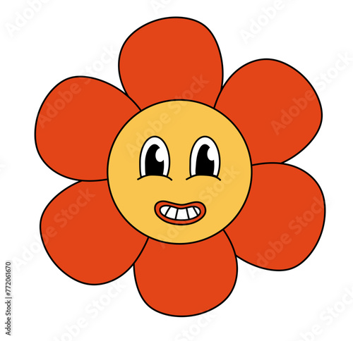 Retro 70s 60s 80s Hippie Groovy cute Red Flower. Smiling face. Flower power element. Vector illustration isolated on a white background.