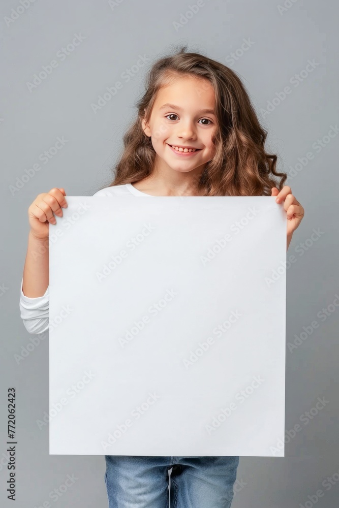 Smiling Young Girl Holding a Blank White Poster in a Studio