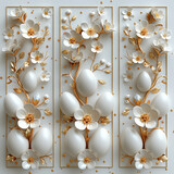 
3d invitation with golden easter on white background. eggs with Easter cakes