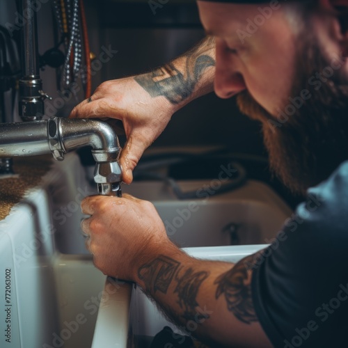 a man Fixing a leaky faucet under the sink showing hands tightening a pipe with a wrench photo