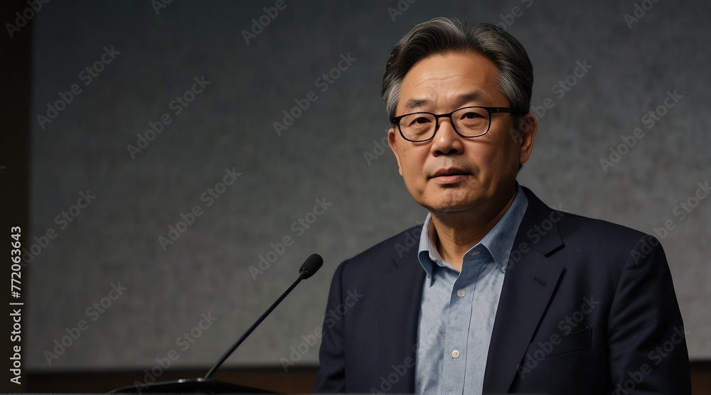 Portrait of korean middle aged university professor man on stage paper presentation international studies education conference event from Generative AI - obrazy, fototapety, plakaty 